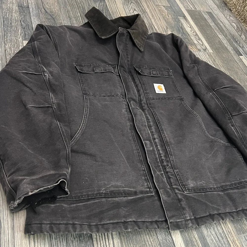 🔥🔥 Vintage CARHARTT Quilted Lined Black Canvas Work Arctic Chore Jacket 2XL‎